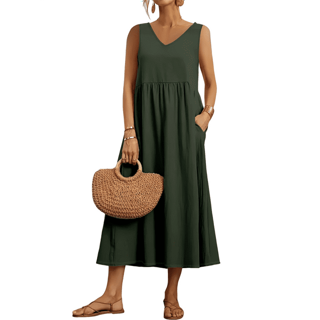 Robe Maxi Femme 2025 Sans Manches Robes d'Été Col en V Décontractées à Étages avec Poches Vert Olive 4TG