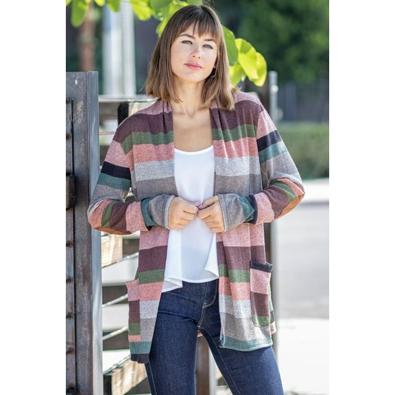 Salmon Olive Stripe  Elbow Patch Cardigan with Pockets