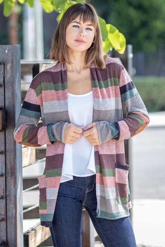 Salmon Olive Stripe Elbow Patch Cardigan with Pockets