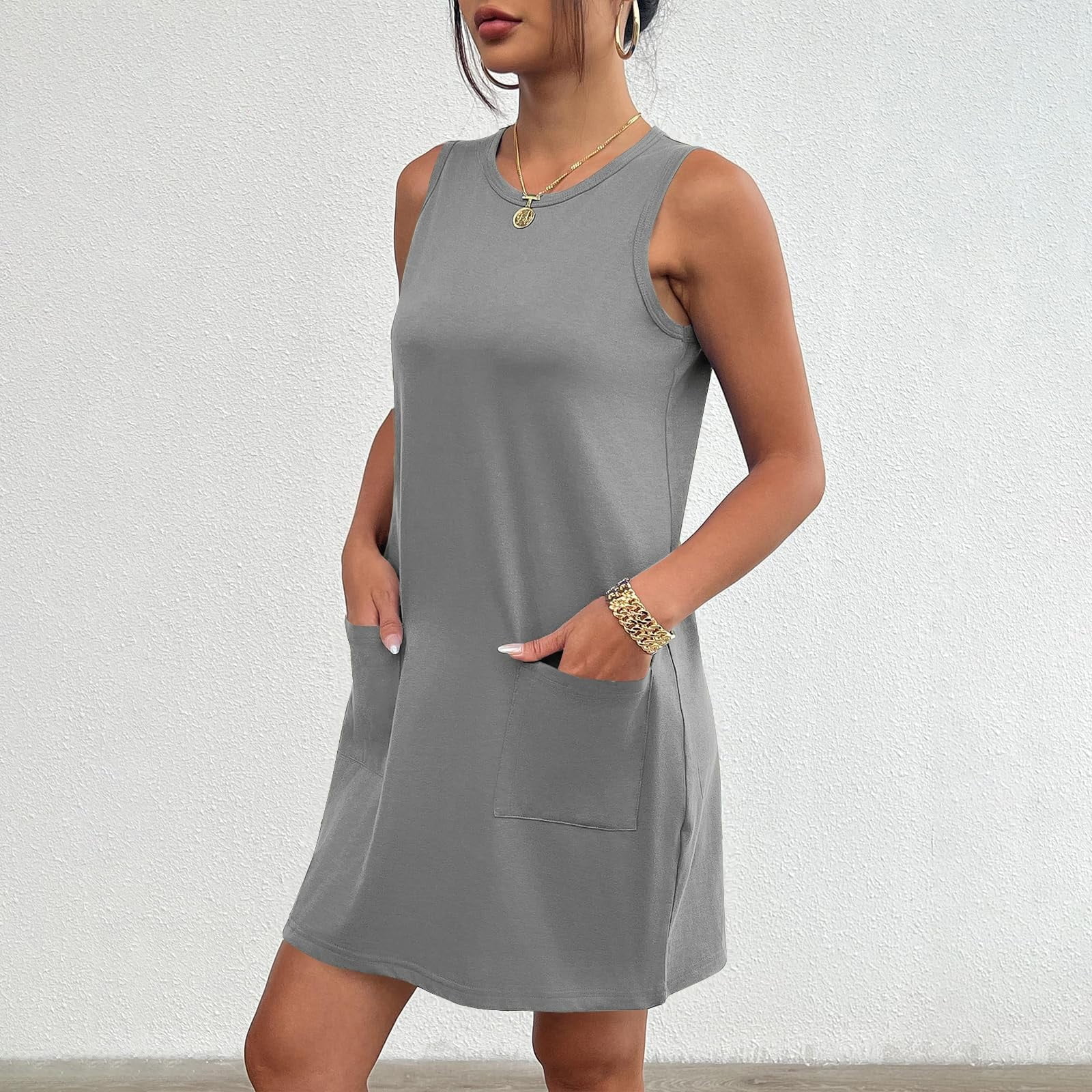 Womens Plus Size Sleeveless Mini Tank Dress Casual Workout Sport Tennis With 2 Pockets Dress