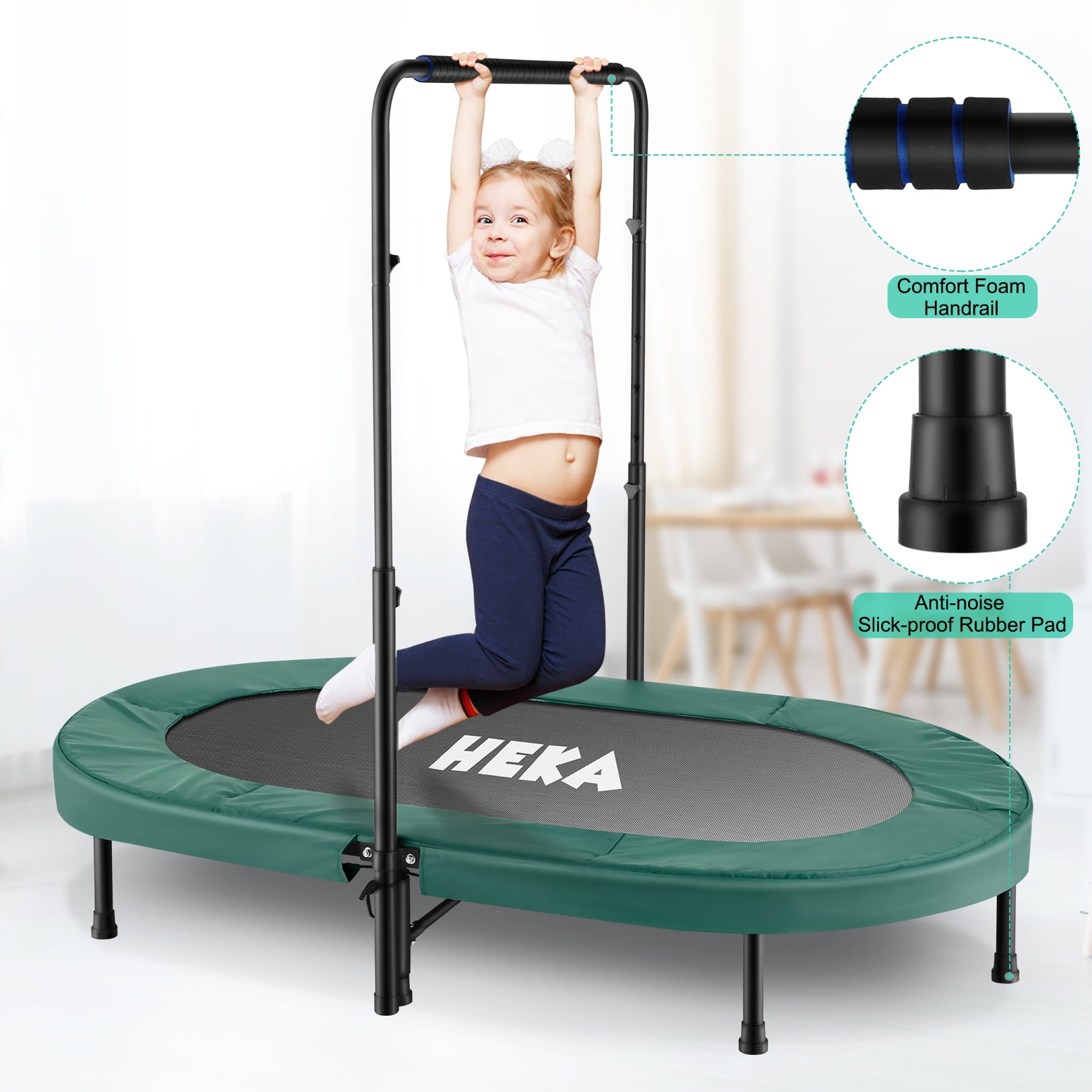 56'' Mini Rebounder Trampoline with Adjustable Handle for Two Kids Adult, Parent-Child Fitness Foldable Trampoline for Indoor & Outdoor Exercise with Spring Pad, Green