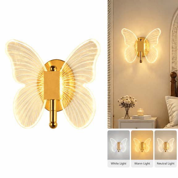 Renyuanyuan Gold Butterfly Wall Sconce, Hardwired, 3 Color Dimming Led, for Bedroom, Living Room, Hallway