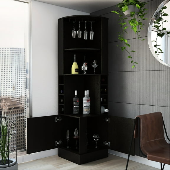 Freestanding Black Corner Unit For Bar Cabinet, 8 Bottle , 2 Open Shelves, 12 Wine Glass Rack, Dining Room Use Modern