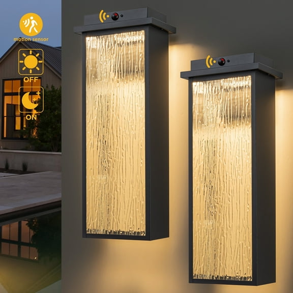 C Cattleya 20in. Matte Black Motion Sensor and Dusk to Dawn LED Outdoor Wall Lanterns with Ripple Tempered Glass(2-Pack)