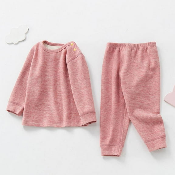 Bxsruta Children's Two-Piece Set, Fleece-Lined Long Sleeve Top and Pants Set, Solid Color Thermal Wear for Everyday Warmth