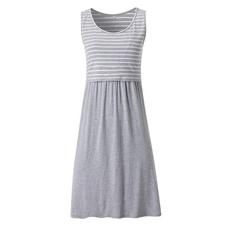 

asdoklhq Maternity Dress Fashion Solid Stripe Breast-Feeding Pregnant Woman Maternity Nursing Dress
