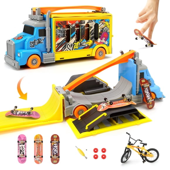 Hestiasko Finger Skateboard Park Set, 2-in-1 Transforming Truck Vehicle with 3 Fingerboards, Finger Bike, Ramps, Storage Case,Mini Fingerboard Skate
