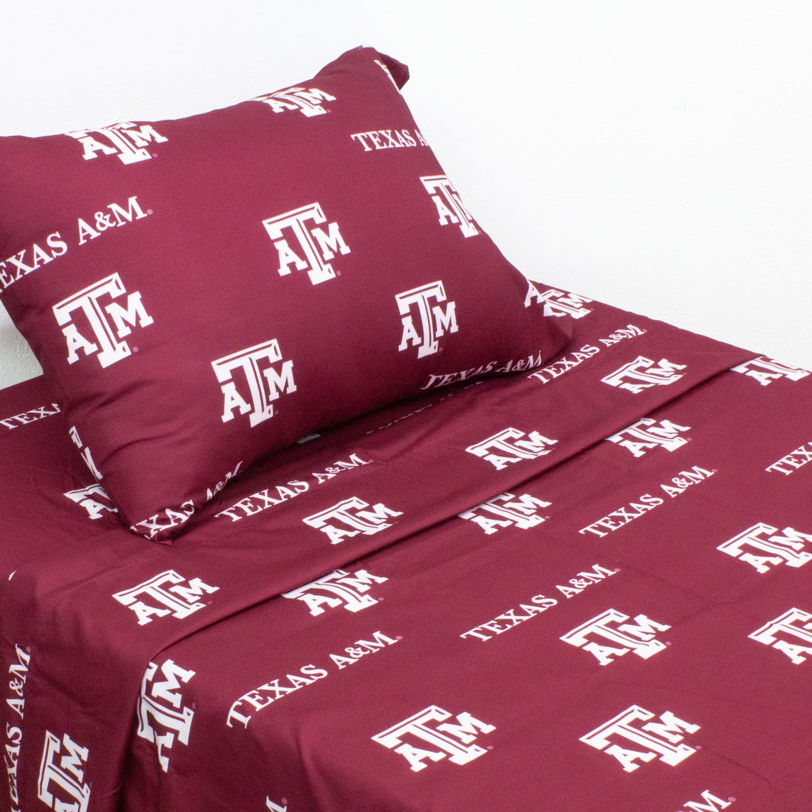 Texas A&M Aggies Twin Sized 3 Piece Sheet Set, Team Color Background, 1 Flat Sheet, 1 Fitted Sheet, 1 Pillowcase