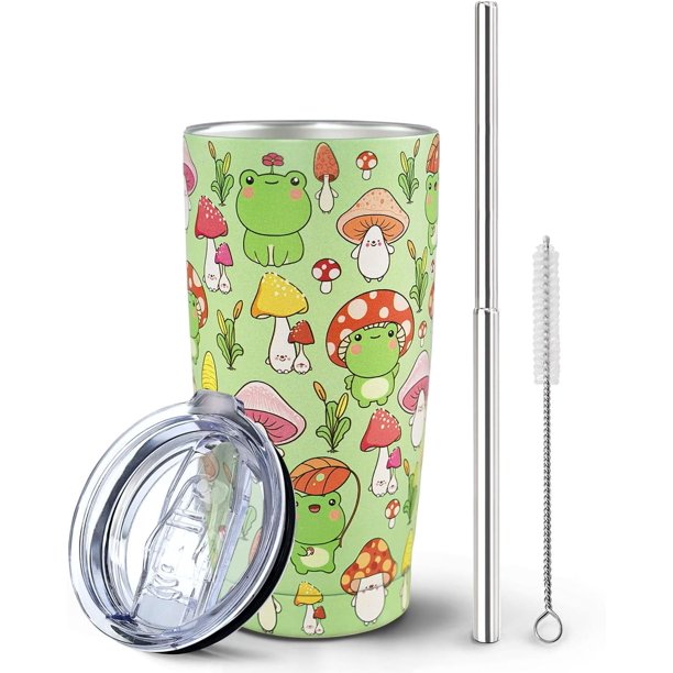 Vaso de rana con tapa y pajita, bonito regalo de rana con forma de hongo para amantes de las ranas, taza de rana verde, botella de agua, taza de café, vasos de acero inoxidable con aislamiento al