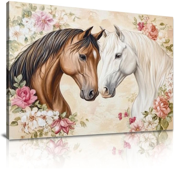 RAYZEL Remis à Neuf 24x20 Pouces Images de Cheval Décoration Murale, Fleurs et 2 Affiches de Cheval Art Mural sur Toile
