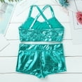 thumbnail image 4 of Miaeowve Kids Girls Dance and Gymnastics Outfits Set 3Pcs Shiny Sequins Sports Bra Crop Top with Shorts and Scrunchie Lake Blue 12, 4 of 7