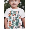 thumbnail image 1 of T-Shirt Graphique Chrétien pour Garçons - "Jesus Loves Me" Tee à Manches Courtes avec Lettrage Coloré et Symboles Religieux, 100 % Coton Col Rond Décontracté pour Jeunes, Jeu Extérieur Printemps Été Automne, Out, 1 of 5