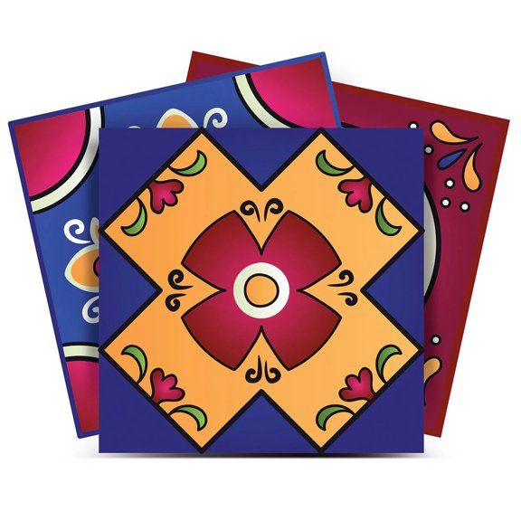 Mi Alma Floral Blue Orange Tile Stickers - Removable Vinyl 4x4, 24 pcs
