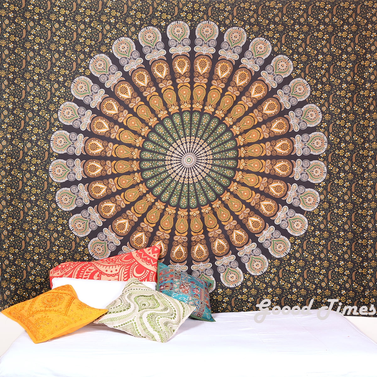 Green Mandala Tapestry Indian Wall Hanging Decor Bohemian Hippie Queen ...