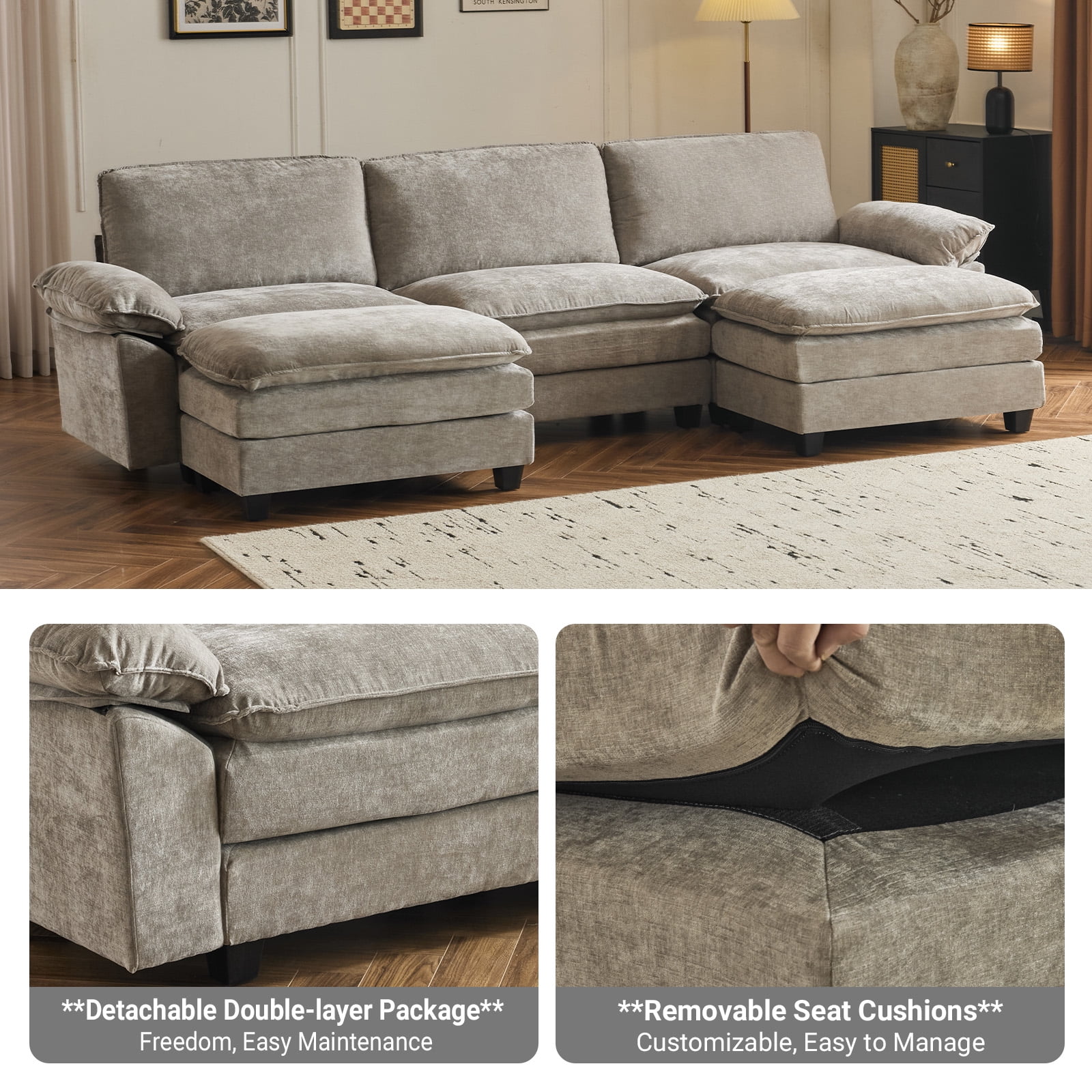 Ktaxon 120" W Sectional Sofa U Shaped Couch with Double Chaise Chenille Sleeper Set with 3 Oversized Seats Light Gray