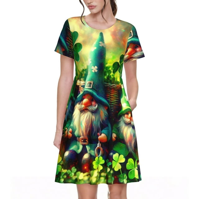 Fotbe Robe Motif Drapeau de la Saint-Patrick Mode Décontractée pour Femmes Manches Courtes Robe Maxi Robe T-Shirt Rayée Longue à Blocs de Couleur