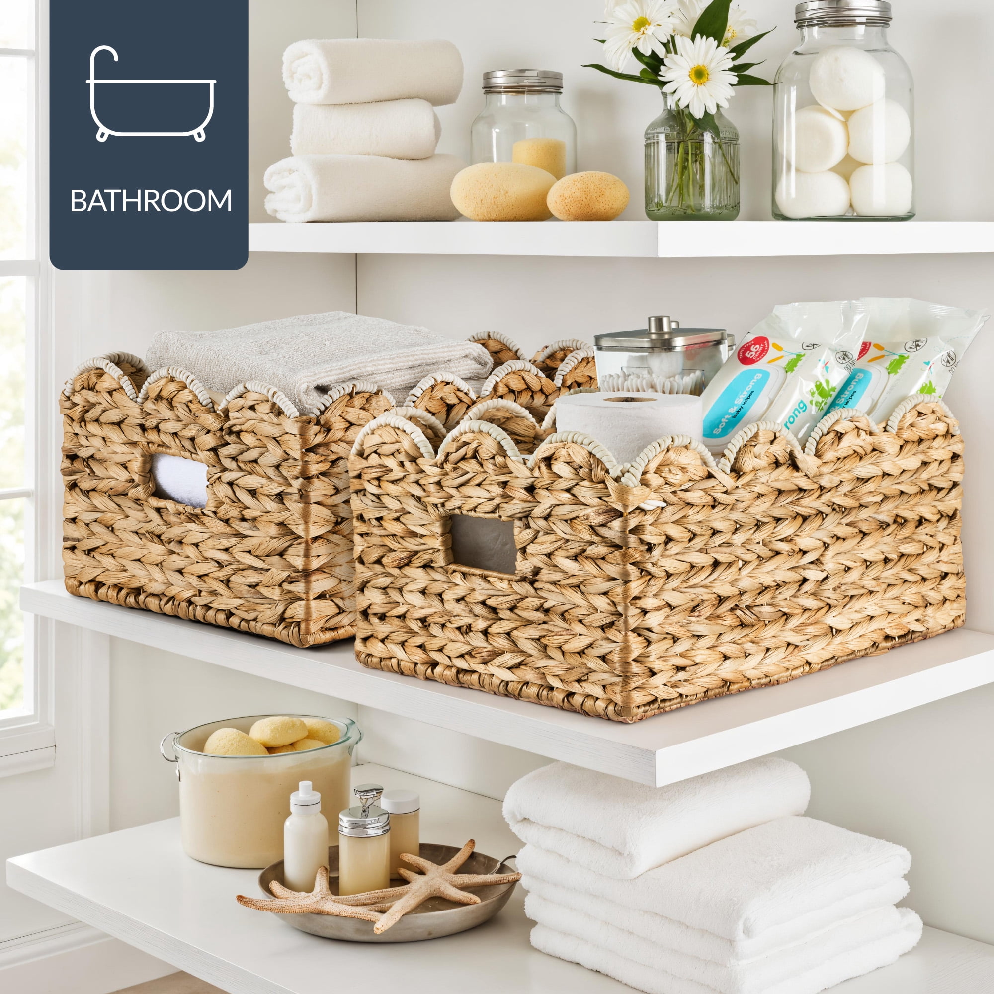 Best Choice Products 16x12 Scalloped Shelf Baskets, Woven Storage Bins, 2 Pack - Natural with White Trim