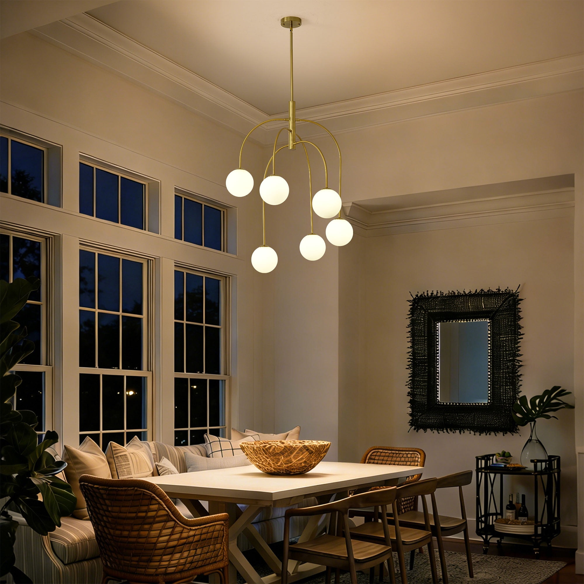 6-Light Gold Sputnik Chandelier,Mid Century Modern Chandelier with Milk Glass Shades,Large Pendant Light Fixture for Dining Room Kitchen Island
