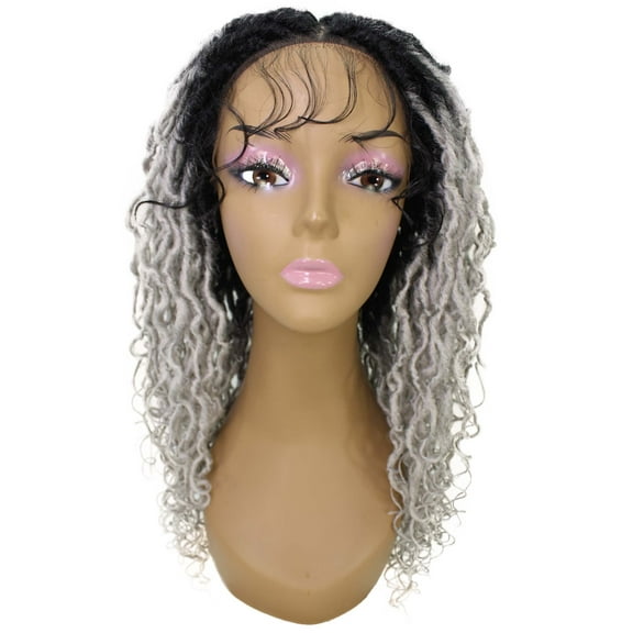LUXLUXE Diamond Curly Locs 23 in Long 4X4 Hand Tied Lace Braid Braided Wig, Beauty Heat Resistant Fiber, Black to Grey Ombre Color