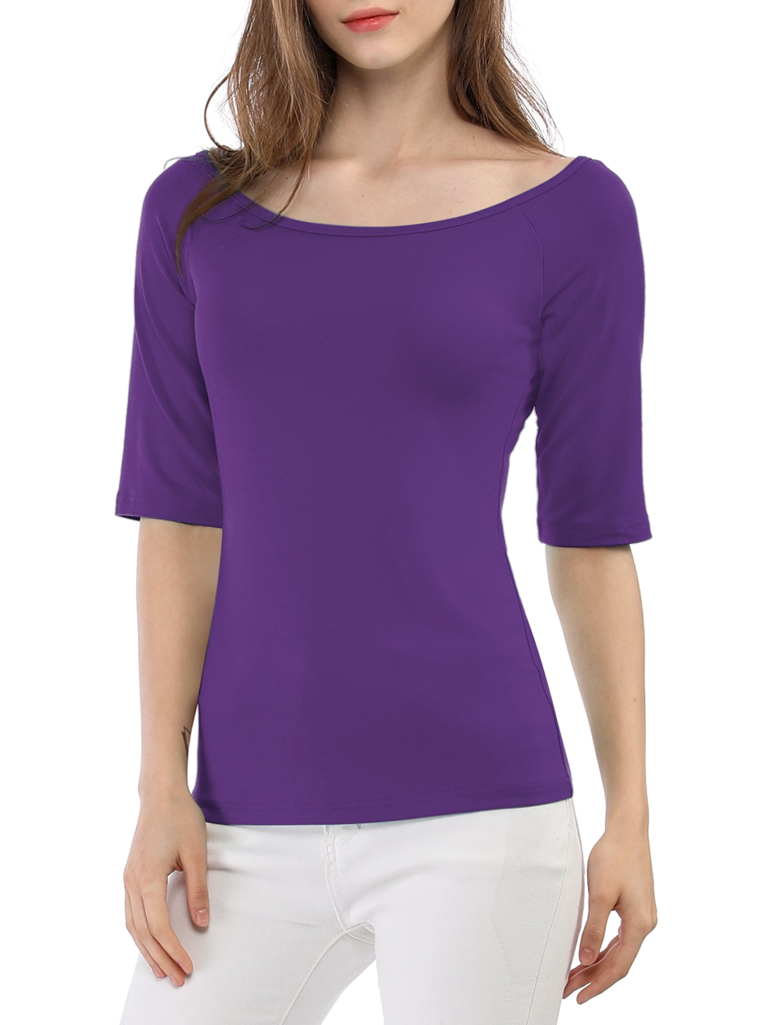 DARING DIVA Women's Slim Fit Pullover Boat Neck Stretchable T-Shirt L Purple