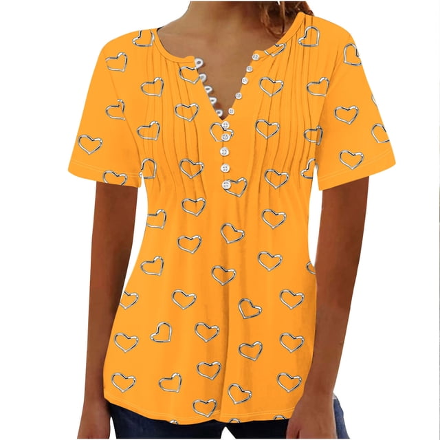 Lolmot Womens Printed V-neck Button Up Short Seeved Top