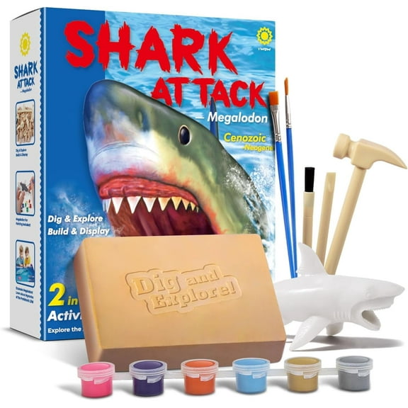 Piano Potato Shark Megalodon Dig Kit for Kids - Educational Fossil Excavation Set with Dinosaur Skeleton & Paintable Toys, Prehistoric Marine Life Science Activity