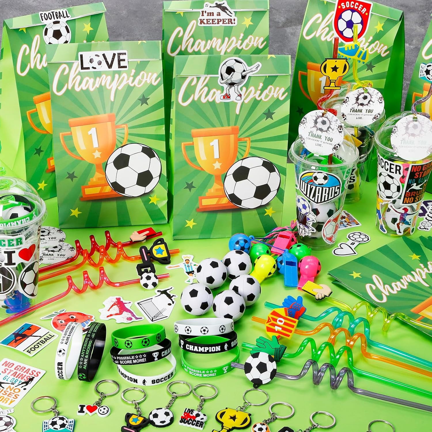 Natonhi 208pcs Soccer Party Favors Party Supplies Contains Soccer Goodie Bags Cups Straw Stickers Mini Soccer Silicone Bracelets Keychains Thank You Tags Ideal Soccer