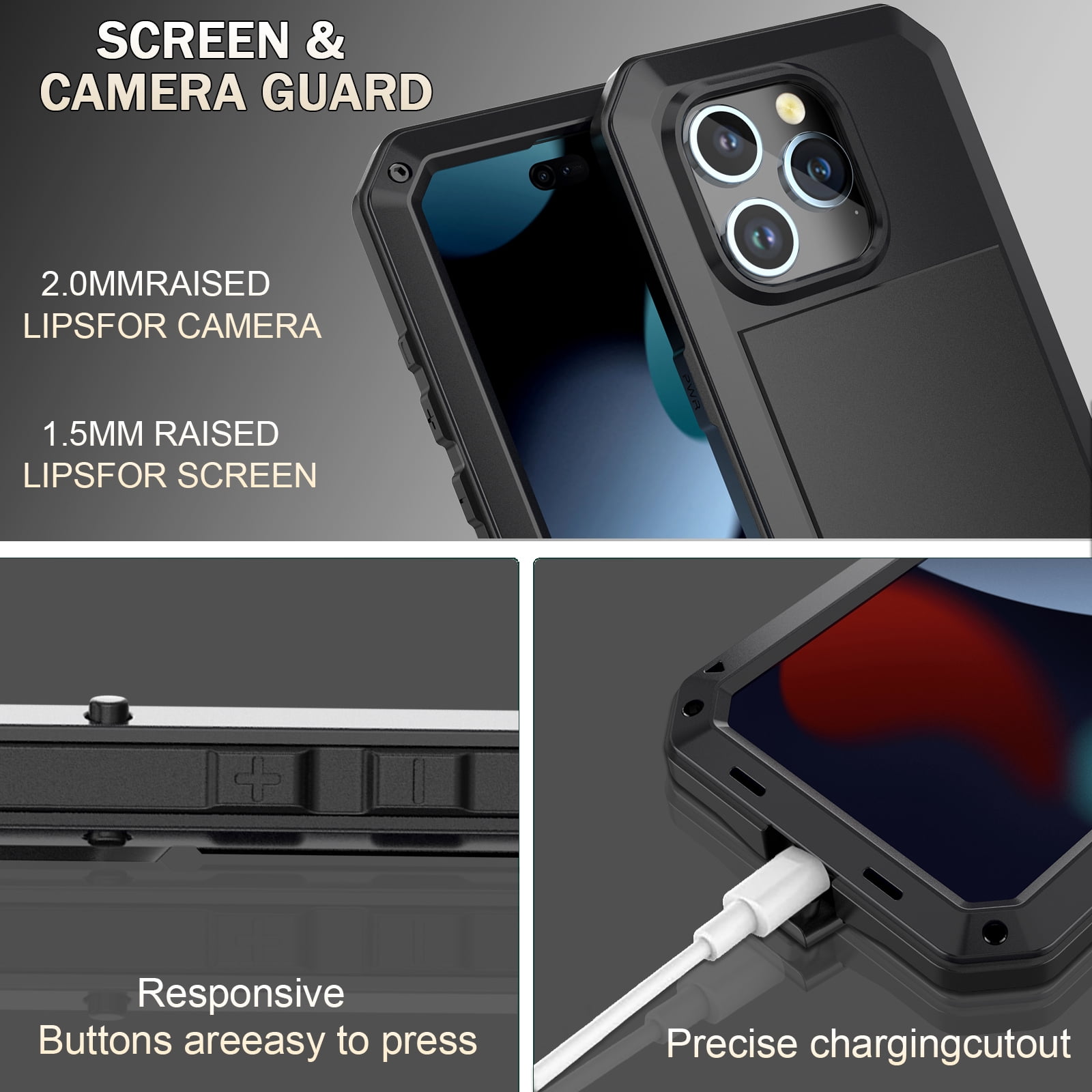 for iPhone 15 Case, 360 Full Body Protective Cover Heavy Duty Shockproof Armor Aluminum Alloy Metal Case with Silicone Built-in Screen Protector for iPhone 15, Black