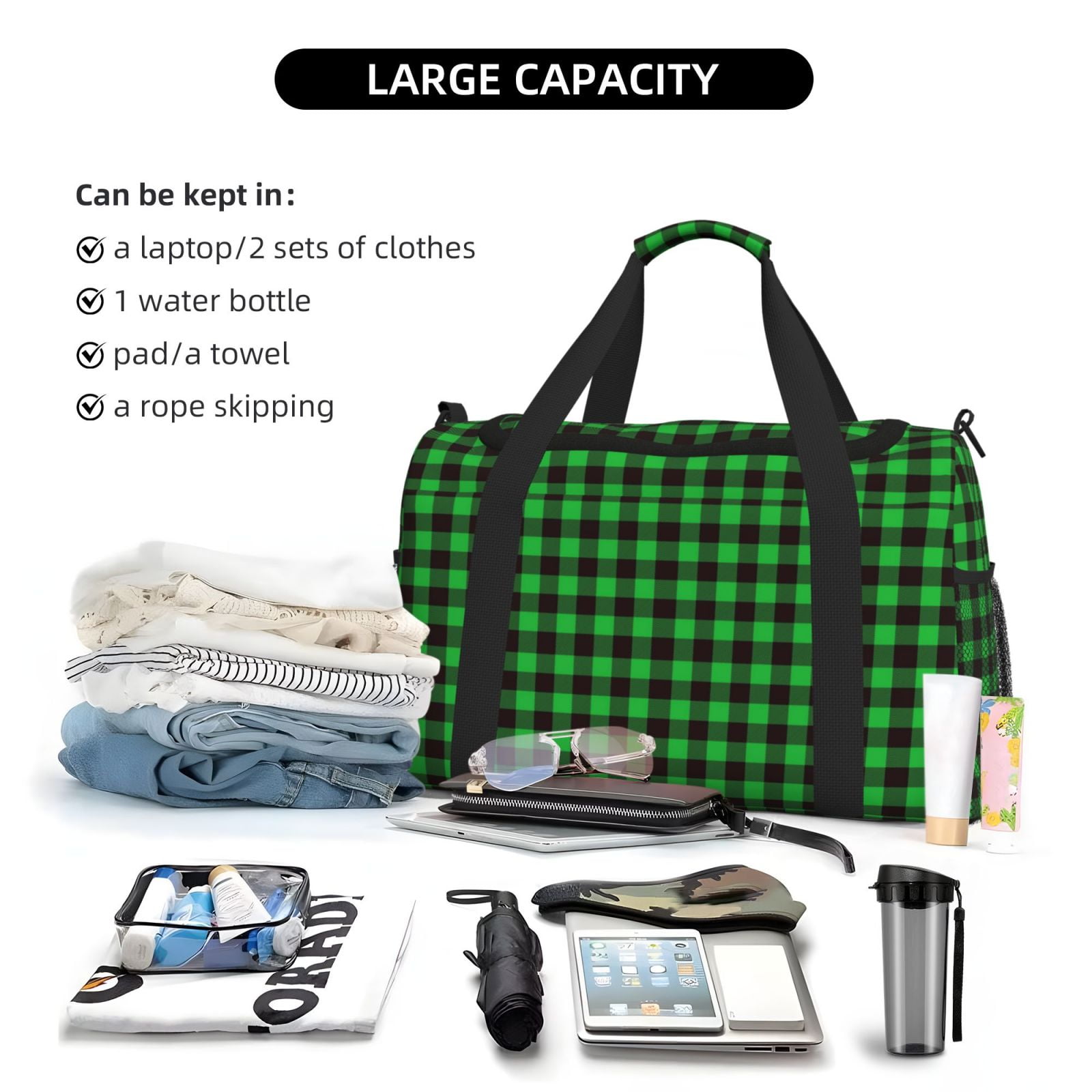 Fuzoiu Buffalo Plaid Green Black Print Travel Duffle Bag,Carry On Tote Bags,Duffel Bag,Sport Gym Bag, Hospital Bag for Labor and Delivery, Overnight Bag,Luggage Bag