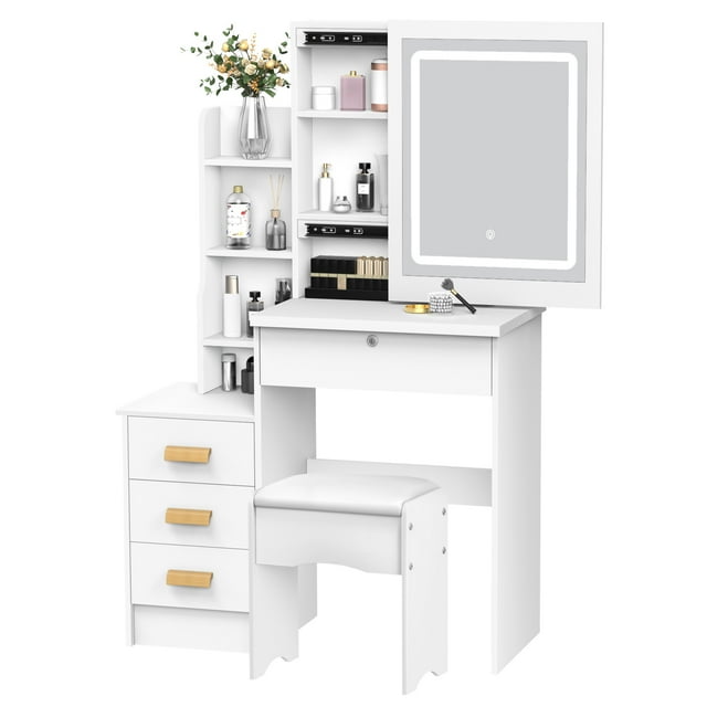 Coiffeuse avec Miroir Coulissant et Lumières DEL - Table de Maquillage avec Tiroirs, Étagères et Rangement Caché pour Chambre
