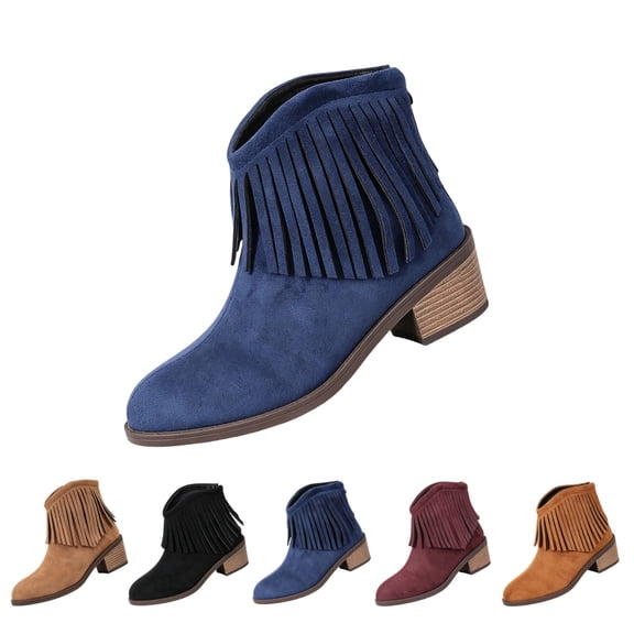 IEMIEMIEM Womens Cowboy Boots Boho Suede Ankle Western Cowgirl Boots Mid Calf Pointed Toe Low Heel Short Chunky Classic Fringe Booties Blue 9 Wide