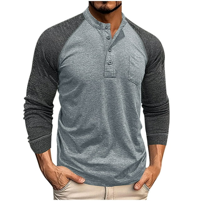 Jalioing Chemise Décontractée à Manches Longues pour Hommes, T-Shirt à Blocs de Couleur à Col Rond avec Boutons, Hauts Classiques de Mode d'Automne