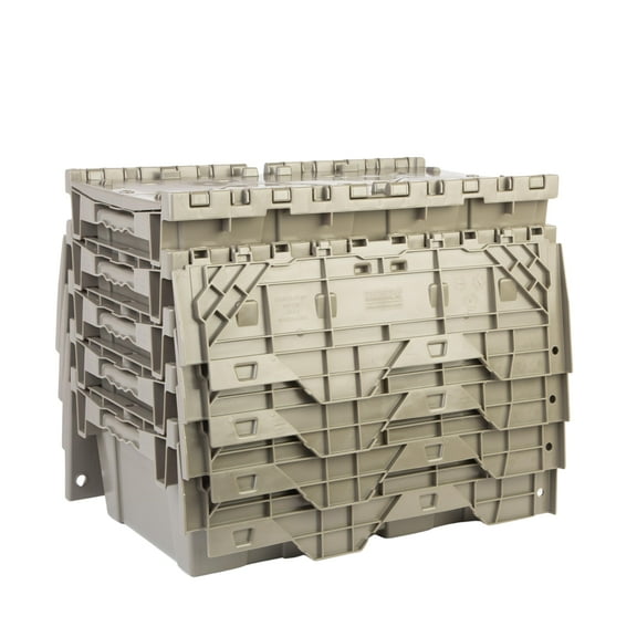 Hudson Exchange 19.6 x 11.6 x 7.3” (3.7 Gallon, 5 Pack) Storage Tote Distribution Container with Hinged Attached Lid, Gray/Brown