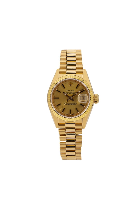 Pre-Owned Rolex Datejust 26MM 69178 Champagne Dial Fluted Bezel 18K Yellow Gold President Bracelet
