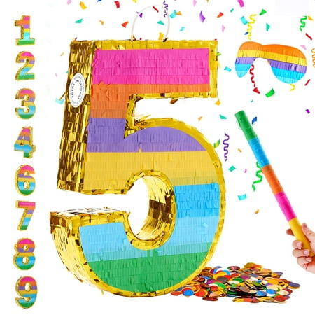 MKLZ Number 5 Pinata Party Decoration with Blindfold Stick and Confetti Pinatas for Birthday Party ( Small 16.5 x 11.5 x 3 In)