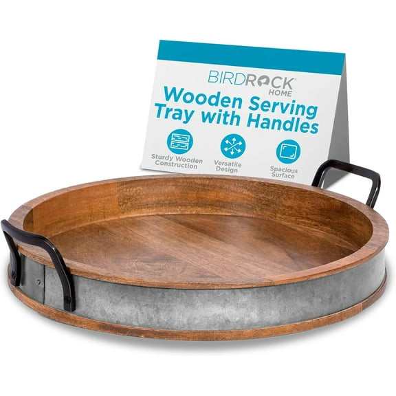BIRDROCK HOME Large Round Wooden Serving Tray with Handles & Iron Accents - Round Barrel Tray for Living Room, Kitchen, Coffee Table Decor, Breakfast, Cheese Board & Bar - Tray  in Lap & Couch