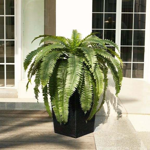 DR.Planzen Artificial Boston Fern Bush Plant with Black Tapered Planter - UV Resistant Faux Ferns with 39 Leaves