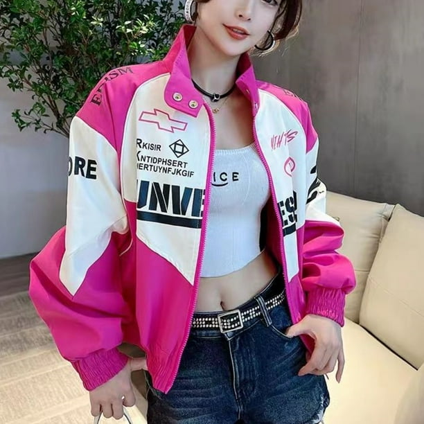 Chaqueta de carreras con parches de color rosa intenso estilo retro americano para mujer, chaqueta bomber informal holgada con cremallera Y2k 2024
