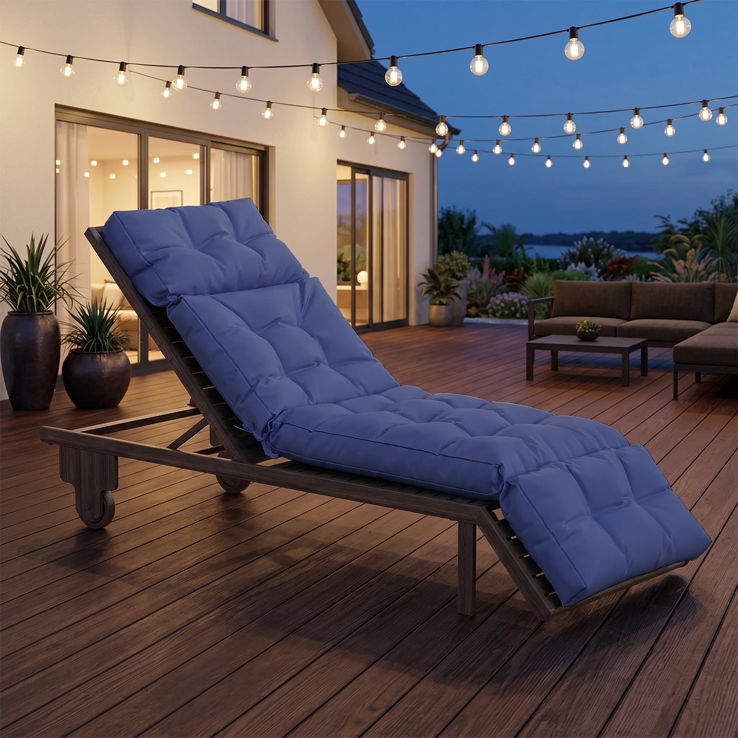 BaPiPro All-Weather Outdoor Chaise Lounge Cushion, Secure-Tie Patio Recliner Cushion with Plush PP Cotton Support for Patio, Poolside & Balcony, Navy Blue