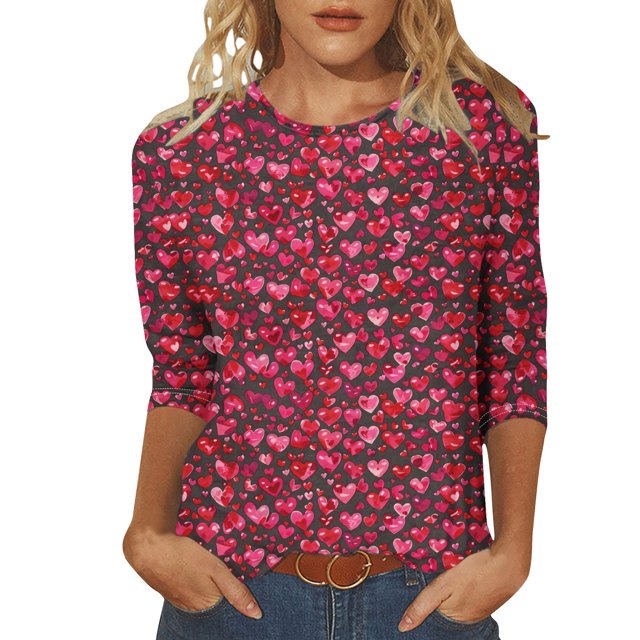 Penkiiy T-Shirt de la Saint-Valentin pour Femmes Manches 3/4 Col Rond Mignon Cœurs d'Amour Graphiques Décontractés Mode Hauts Blouse m Multicolore