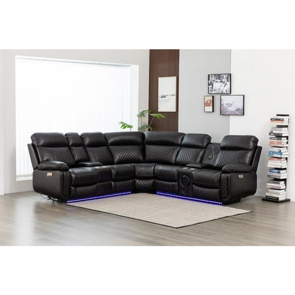 Hathrone Faux Leather Power Reclining Sectional LED USB and SubWoofer In Brown