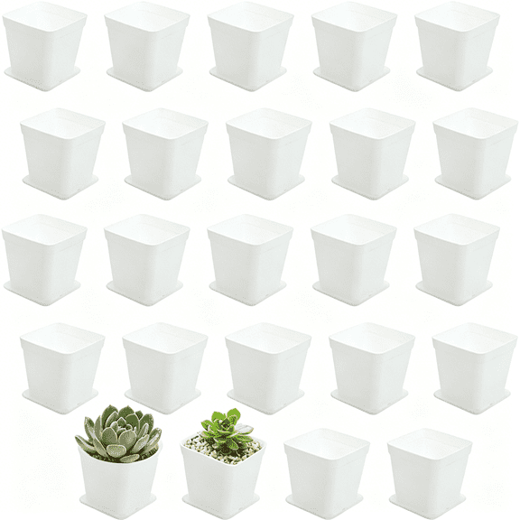 XIBUFE 3 Inch White Square Plastic Plant Pots with Saucers,Nursery Seedling Pots with Drainage Hole,Small Planter Containers for Succulents,Flowers,Indoor Outdoor Garden,Home Office Balcony Decor