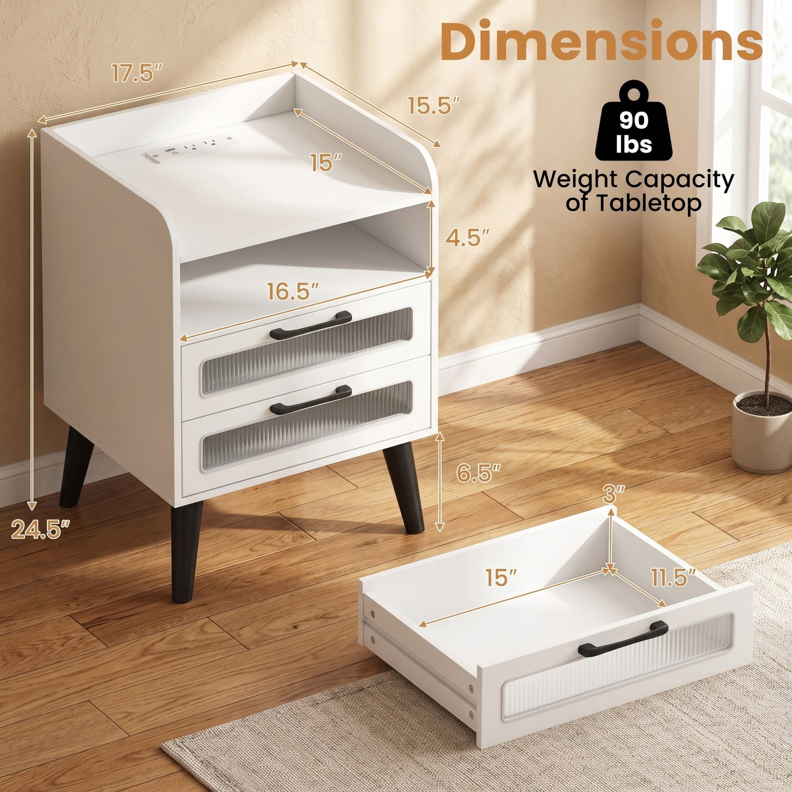 Furnibear Mid Century Nightstand with Charging Station and LED Lights, Bedside Table with 2 Drawers and Open Shelf for Bedroom, White