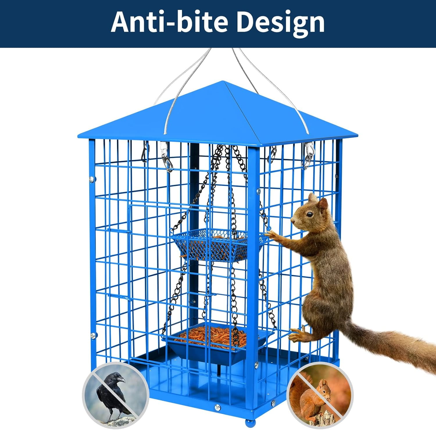 Bird Feeders for Bluebirds - Metal - Huge Caged Squirrel-proof Bird Feeders with 2 Cups, DIY Wild Bird Feeders Outdoor Hanging (Blue), Attract Small Birds, 2lbs Seed Capacity+1 Cup