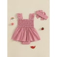 thumbnail image 5 of Loicainy Baby Toddler Girl Plaid Romper Dress 3 6 12 18 Months Strawberry Smocked Fly Sleeve Bodysuit with Headband 2 Pcs Summer Outfit, 5 of 8