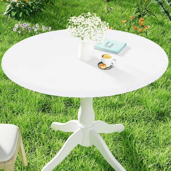 Round Spandex Tablecloth, Elastic Fitted Waterproof Tablecloths for 36"-44" Tables, Stretch Washable Picnic Table Cover for Camping, Dining, Indoor and Outdoor, White