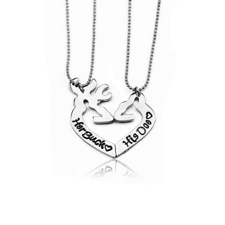 2pcs Deer Her Buck His Doe Hollow Heart Pendant Love Couples Necklace Girls Gift