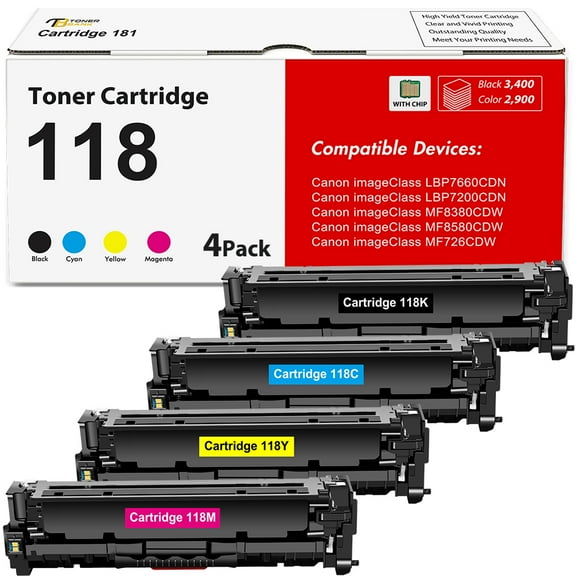 118 CRG-118 4-Pack Toner Cartridge Compatible for Canon 118K imageClass MF726CDW MF8580CDW (Black Cyan Yellow Magenta)