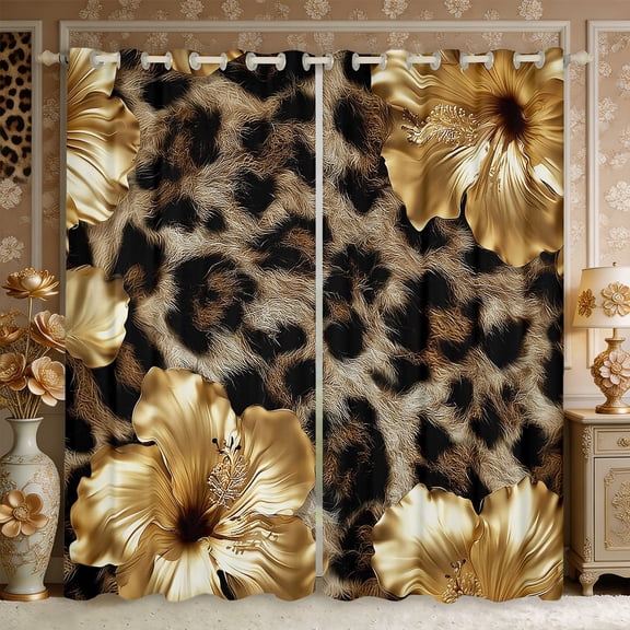 Manfei Golden Hibiscus Blackout Curtains,Animal Leopard Print Window Curtains Pack of 2 (38x45 Each)