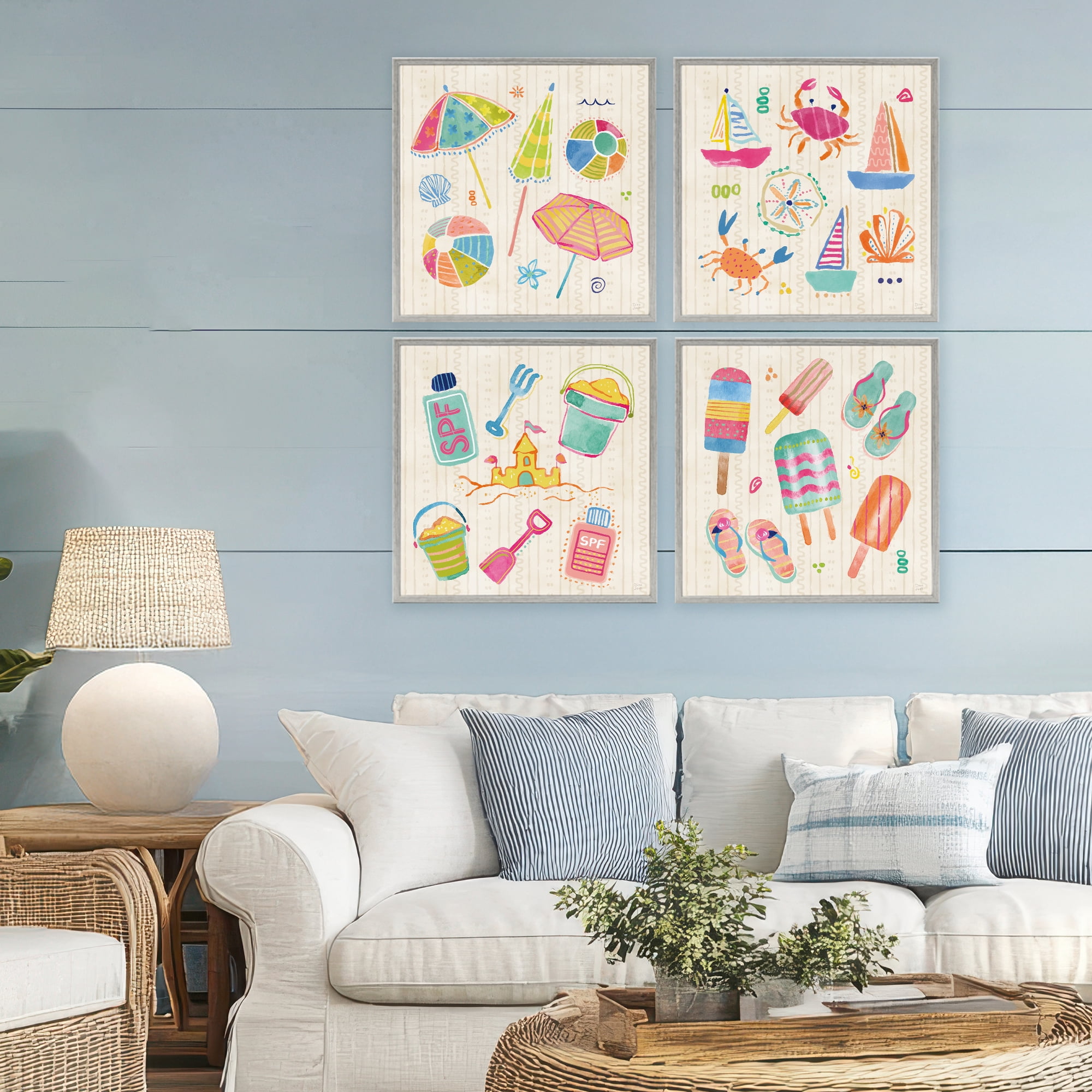 Stupell Industries Beach & Boats Collection 4 Piece Gray Framed Giclee Art Set, design by Dina June